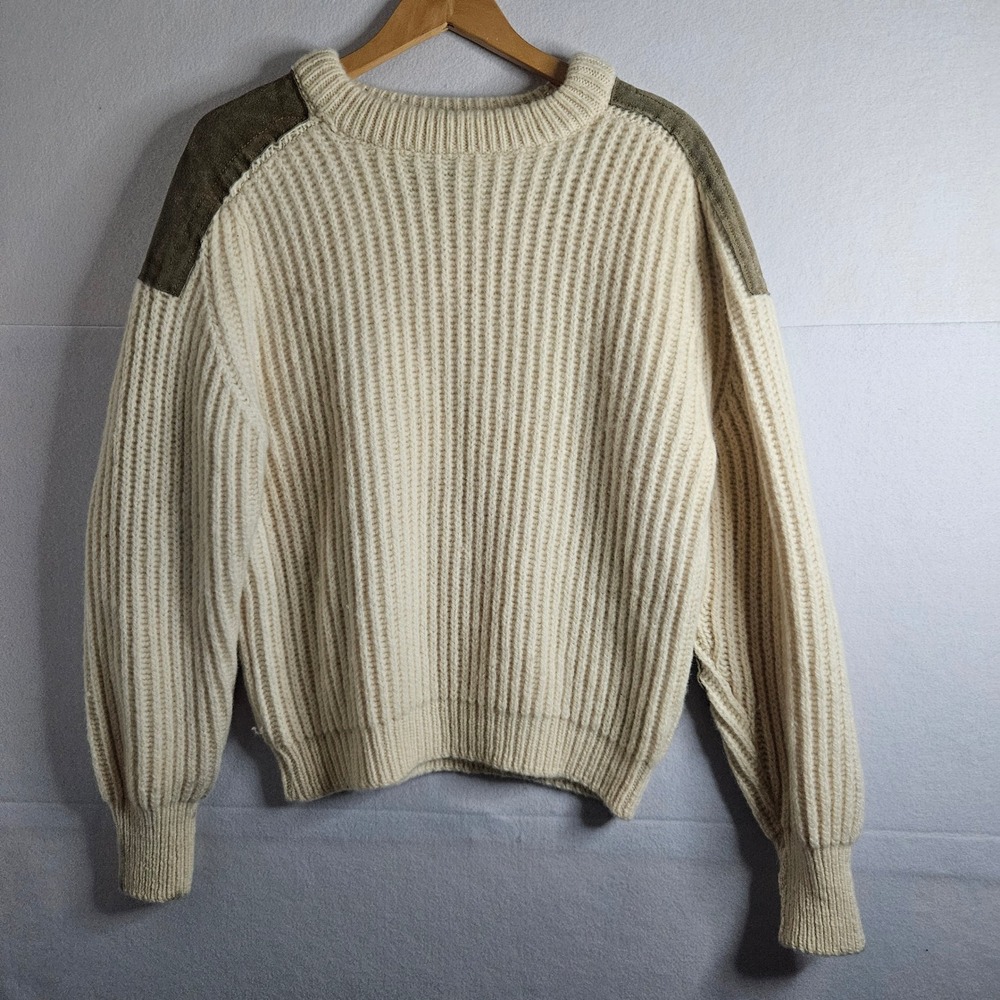 Mabun of Scotland Wool Sweater XL Cream‎ Ribbed Commando Shooting Patch Pullover